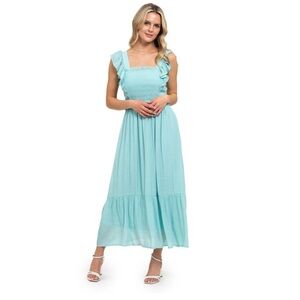 August Sky smocked ruffle midi‎ dress NEW